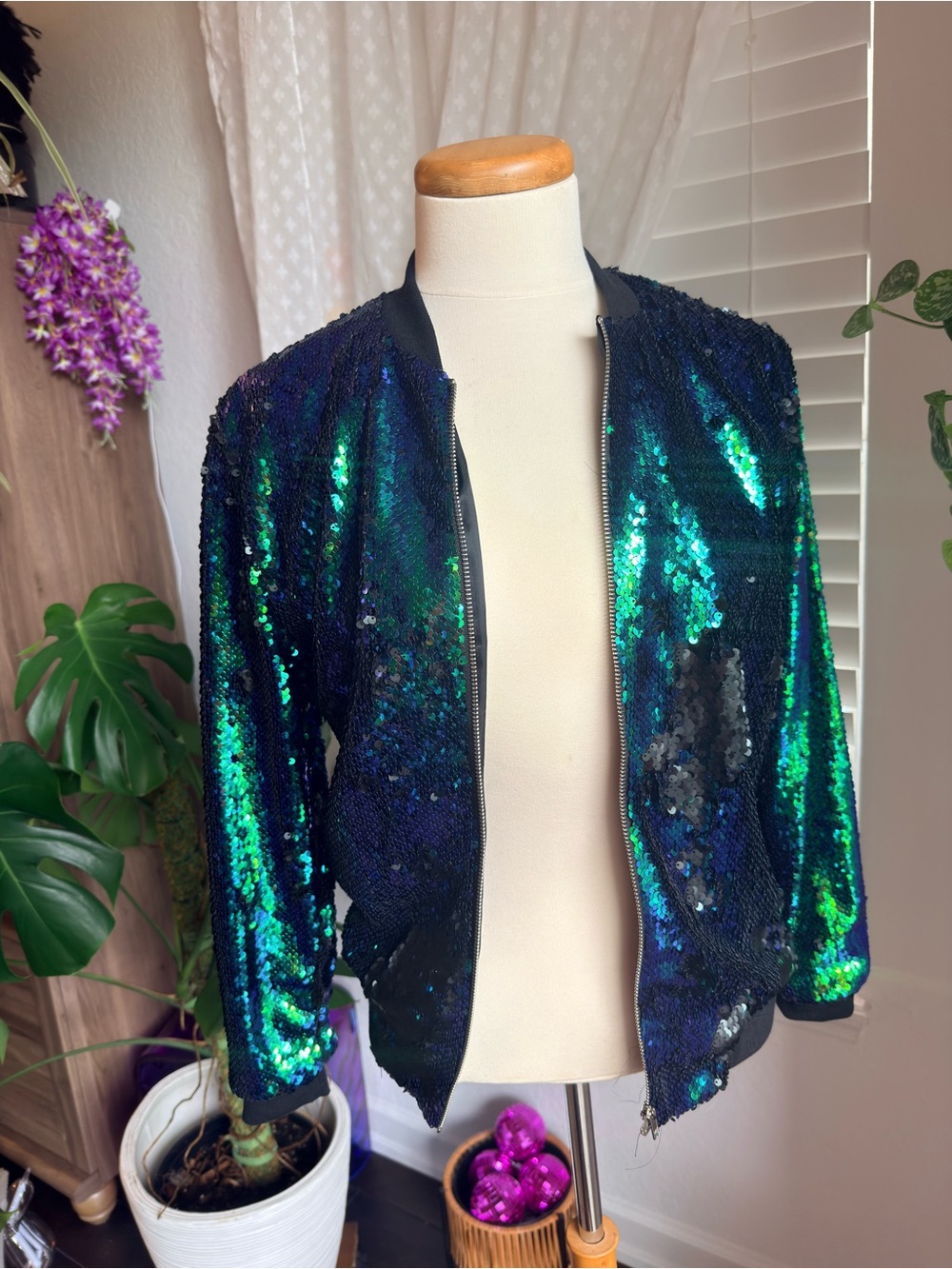 Sequin Bomber Jacket - Iridescent Green/Blue